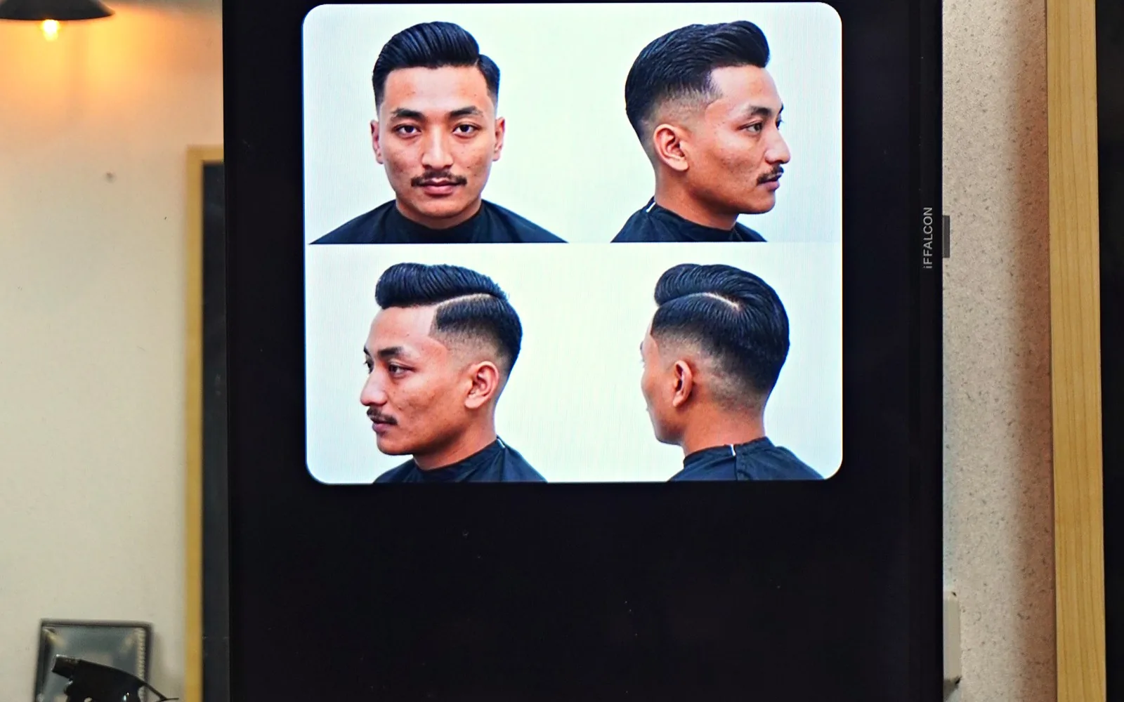 Layar Hair Guide menampilkan empat sudut kepala pelanggan dalam satu petak