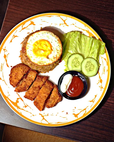 Sepiring chicken katsu dengan nasi, telur mata sapi, timun, dan selada