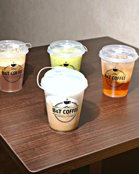 Empat gelas minuman non-kopi B and T Coffee di atas meja