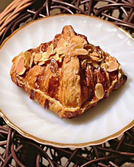 Almond croissant dengan taburan irisan almon di atas piring